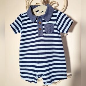 Carter's Striped Navy And Light Blue Polo Style Baby Romper Size 3M